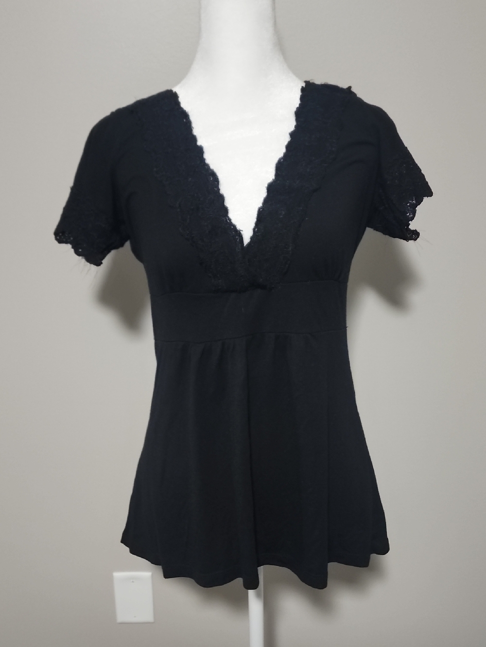 Vanity Black Lace Trim V-Neck Short Sleeve Top